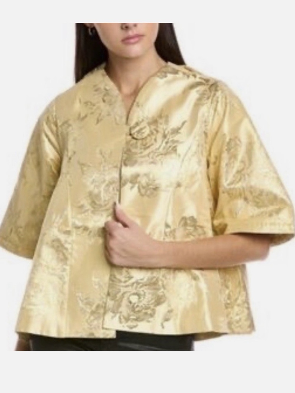 🌺 Frances Valentine Metallic Gold Brocade Short-Sleeve Marvelous Jacket Top